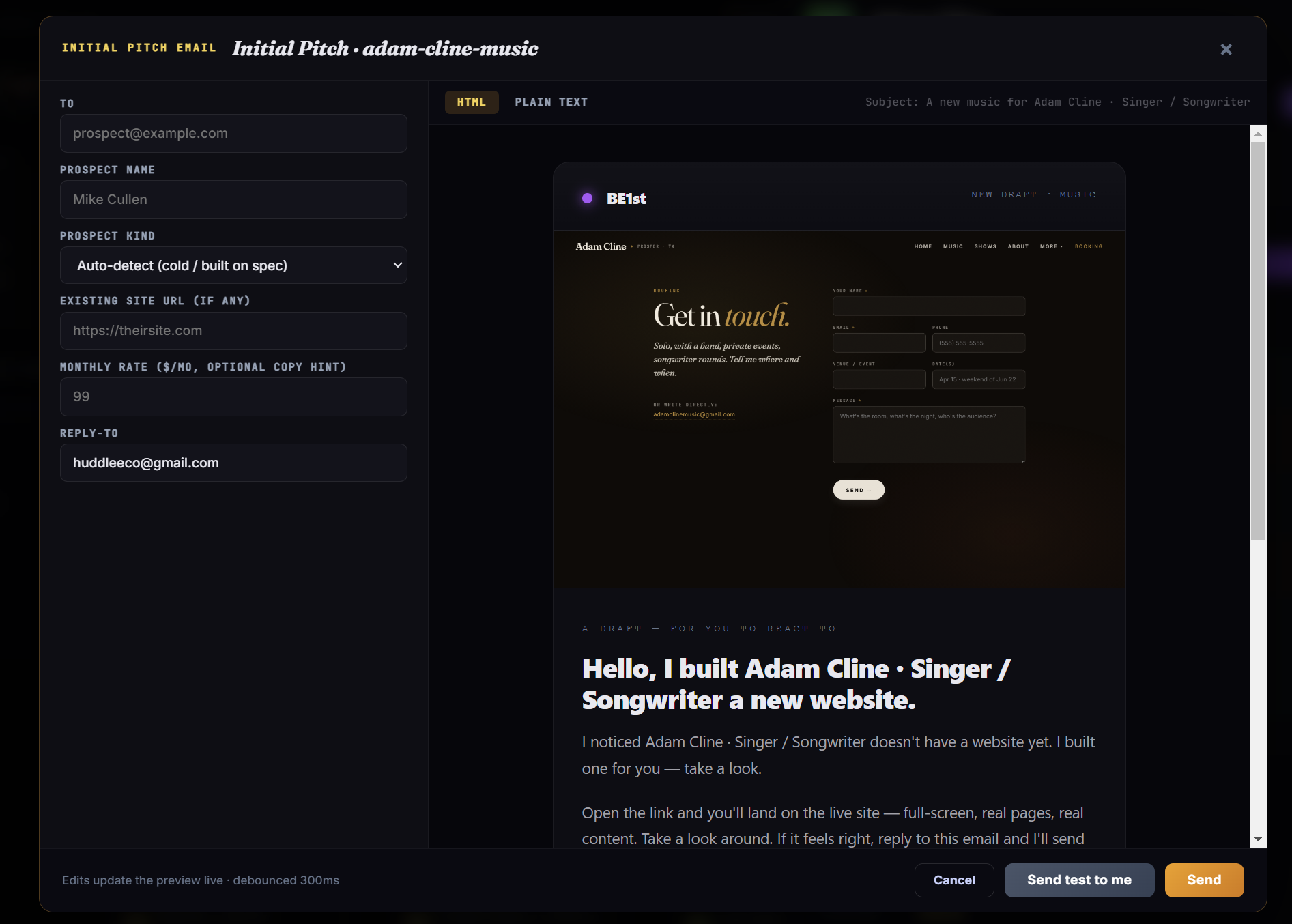 Cold pitch email composer with live site preview