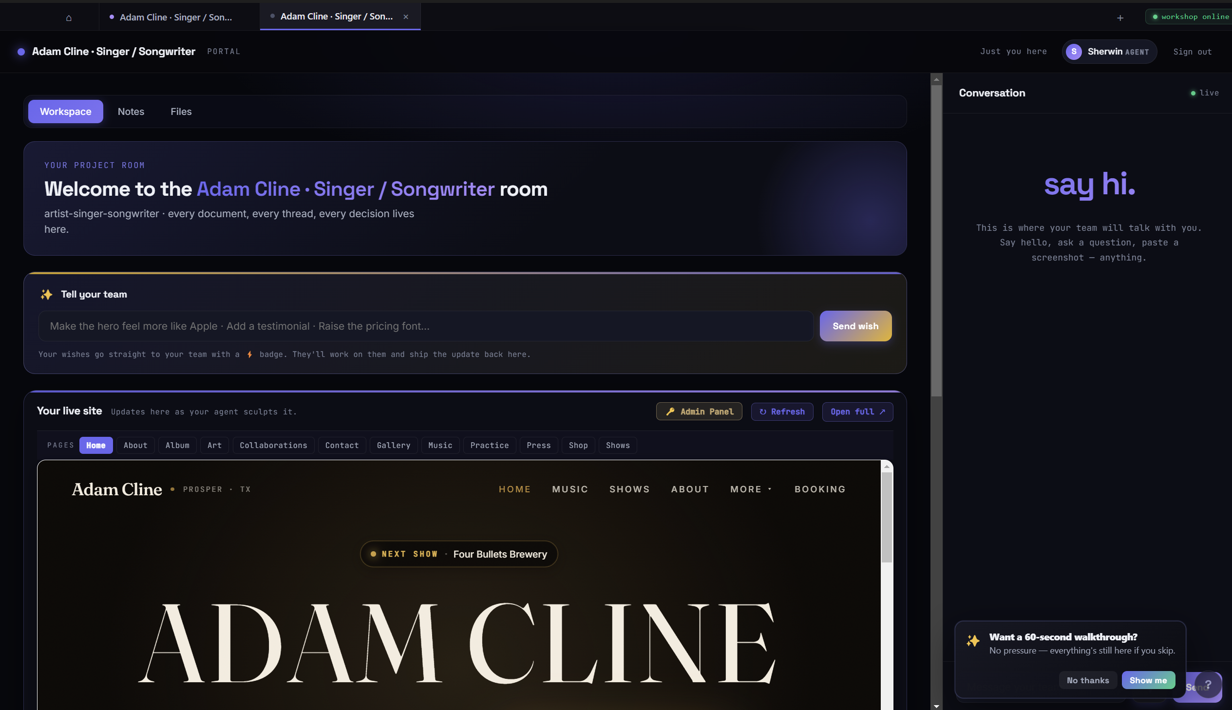 Client portal with wishes + live preview
