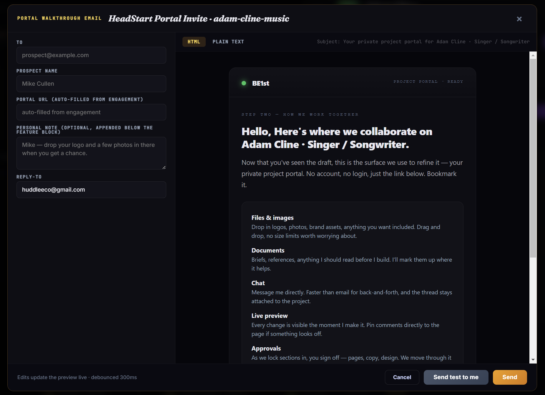 HeadStart portal invite email composer