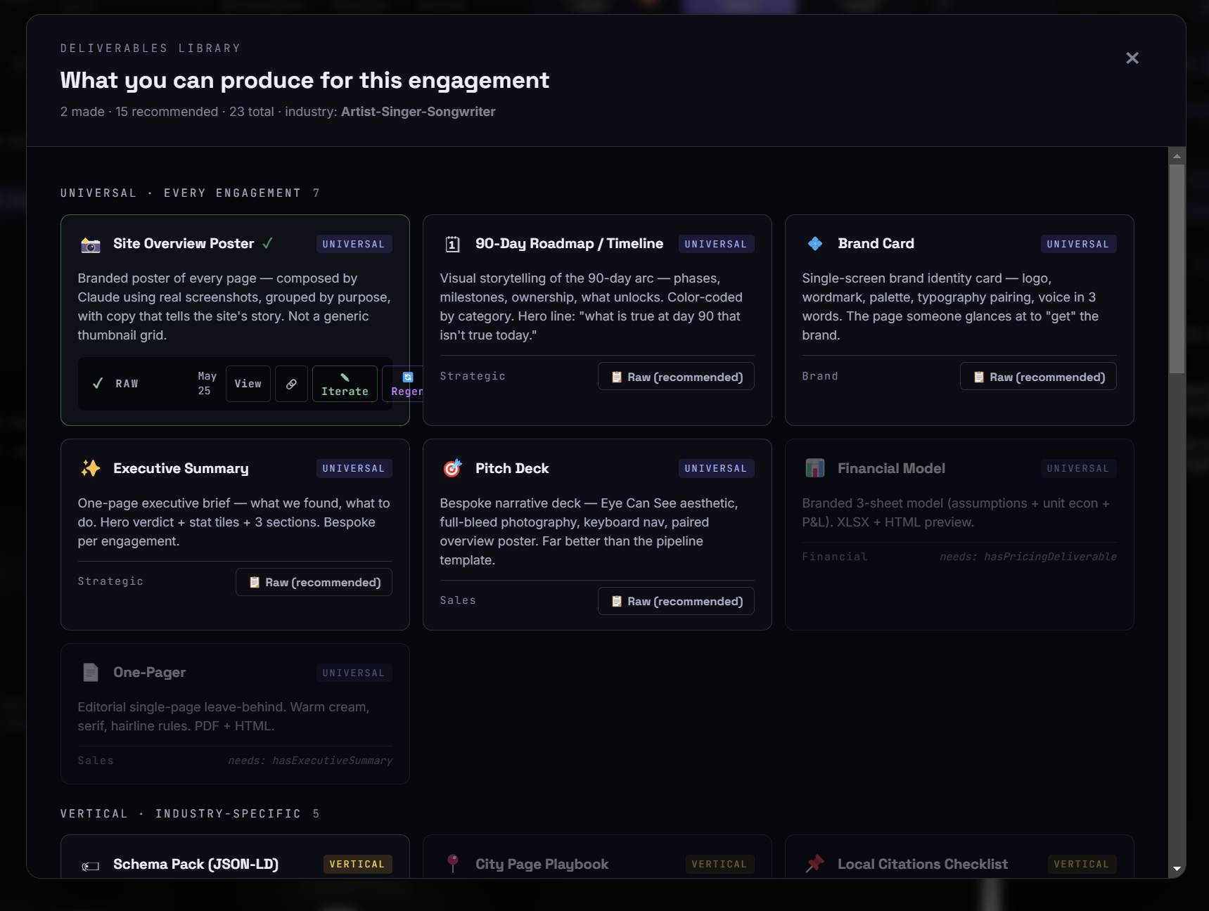 Deliverables library — 23 items per engagement