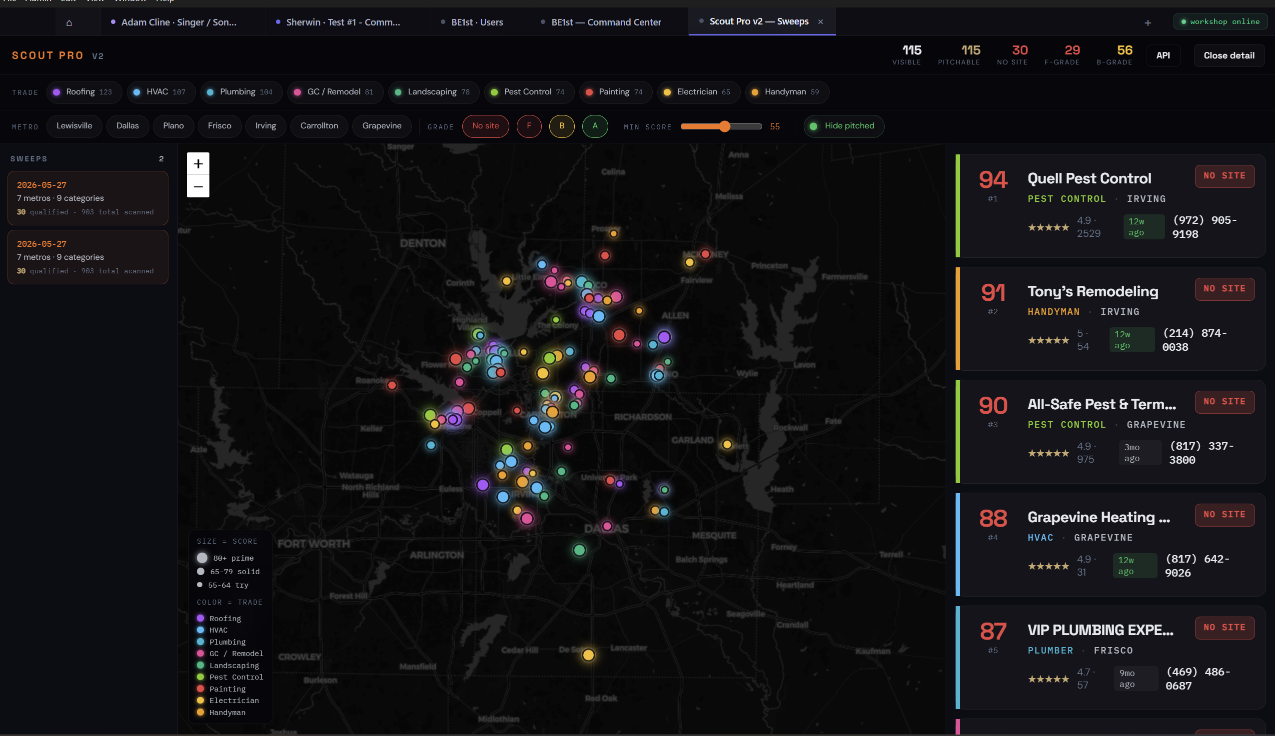 Scout Pro — DFW map with scored business leads